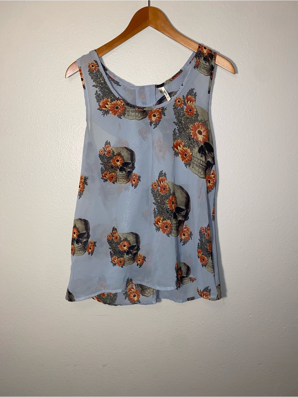 Live 4 Truth Floral Skull Chiffon Tank Top - Pastel Blue Grey - Size M Halloween